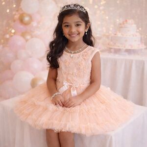 Popatu Tiered Ruffle Floral Mesh Tule Peachy Petal Pink Party Dress 6X/7 - NWOT